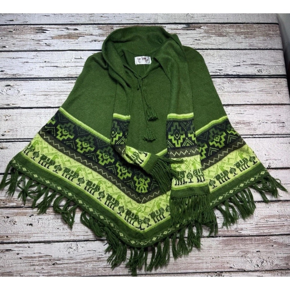 ALPASUR Alpaca Cape Poncho Sweater With‎ Scarf Green Boho Inca Art Made In Peru